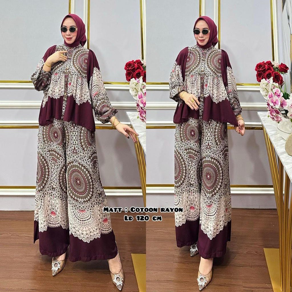 Setelan  Rayon Tangan Balon Viral / Oneset Rayon Batwing LD120  Celana Kulot Lebar