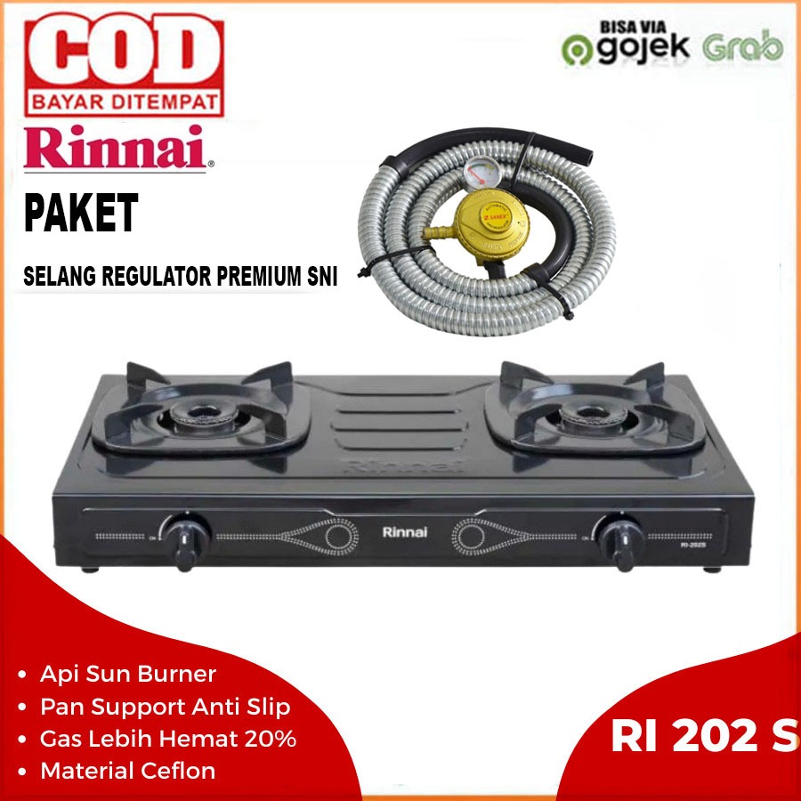 Kompor Gas Rinnai 2 Tungku Hitam RI 202S Ceflon Hemat Gas