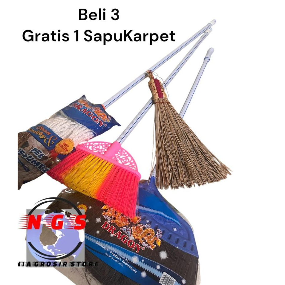 Paket Hemat Beli 3 Gratis Sapu Karpet (Sapu Lantai /Sapu Ijuk/Pel Lantai ) Alat Kebersihan