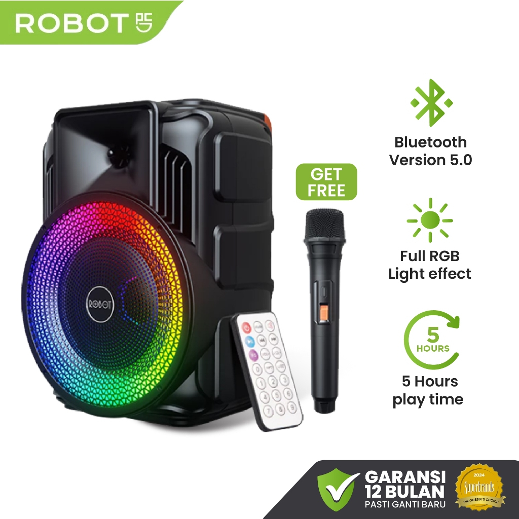 ROBOT Speaker Bluetooth Karaoke 8 Inch Gratis Mic Super Bass Portable RGB Light Salon Aktif BT Hi-Fi