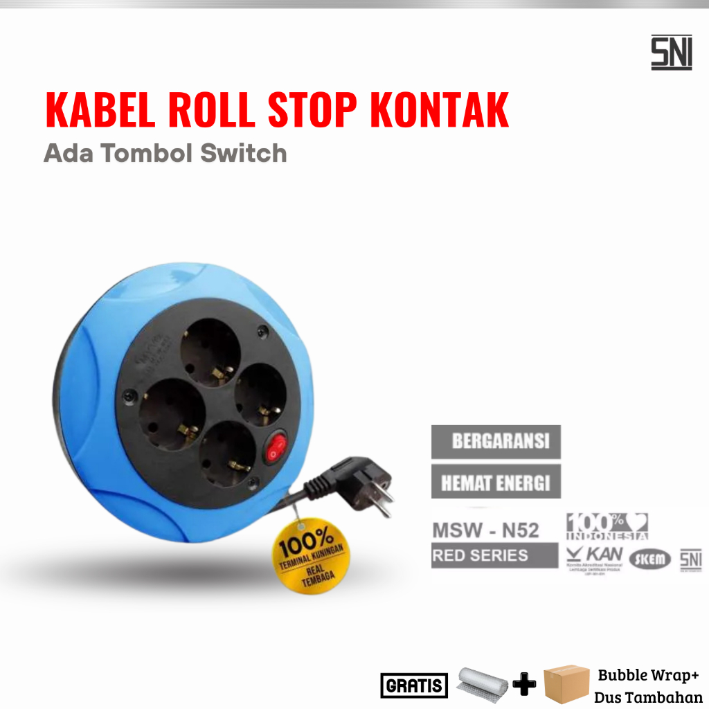 Velvetvibes02 Kabel Roll Listrik 4 Lubang + Saklar Terminal Box Colokan Kuningan Panjang 6Yard Sni