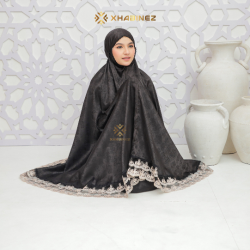 Xhabinez - Mukena Jaguar Silk Hitam Monica 2in1 Renda Mewah Adem & Elegan