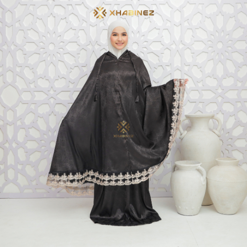 Xhabinez - Mukena Jaguar Silk Hitam Monica 2in1 Renda Mewah Adem & Elegan