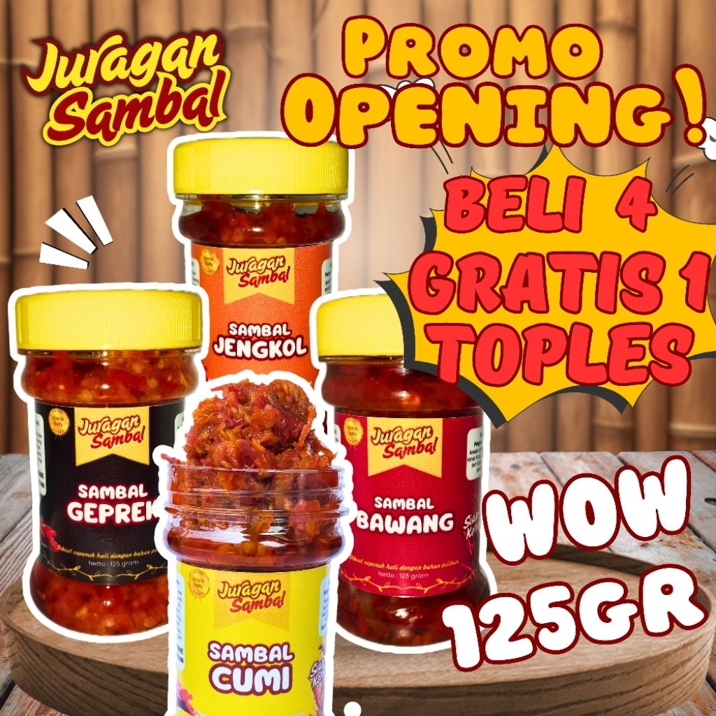 

Juragan Sambal - PROMO!! Sambal Bawang/Sambal Cumi/Sambal Jengkol/Sambal Ijo/Sambal Geprek/Beli 4 Gratis 1 125gr