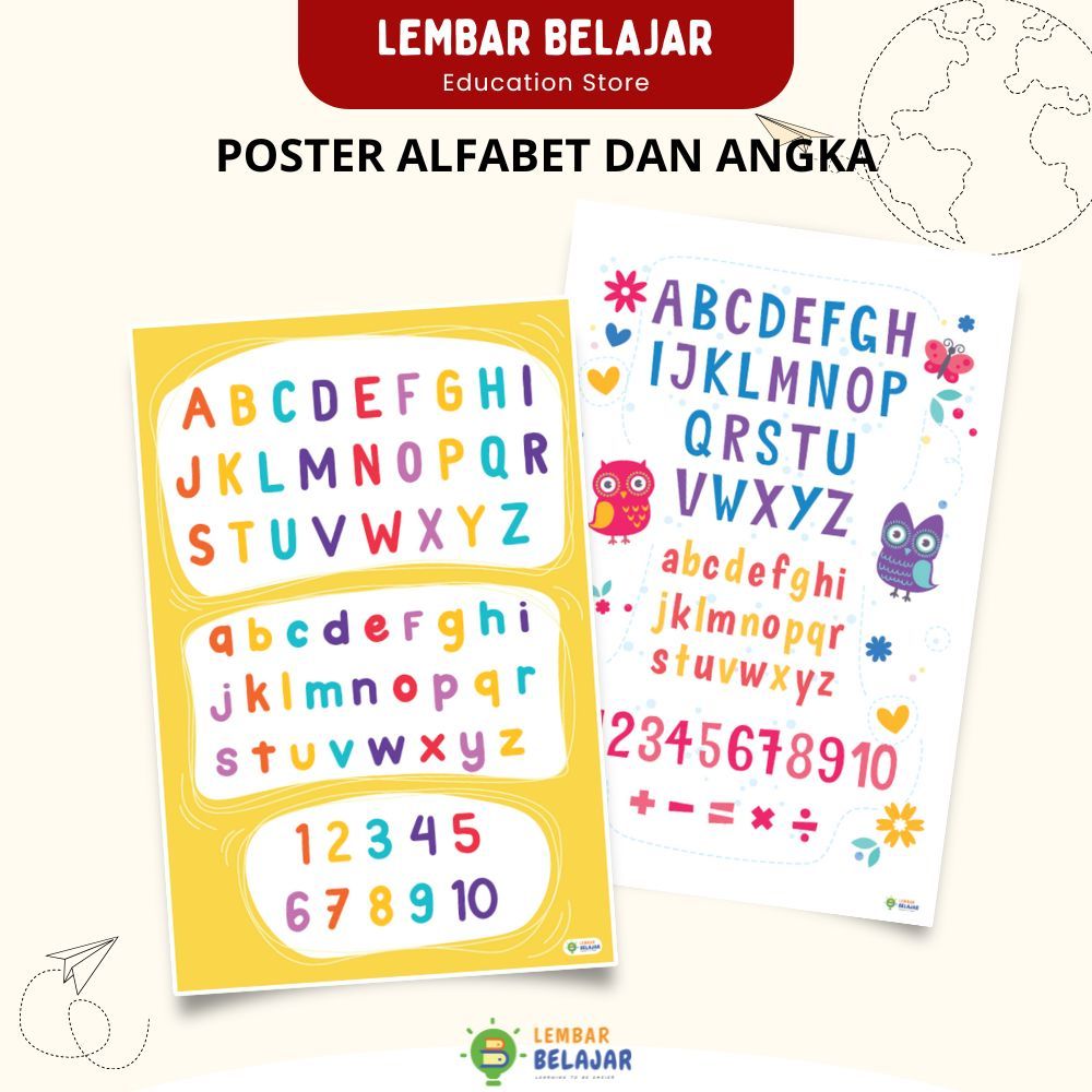 LEMBAR BELAJAR Poster Edukasi Alfabet dan Angka, Poster Belajar Huruf Besar dan Kecil Angka 1 sd 10