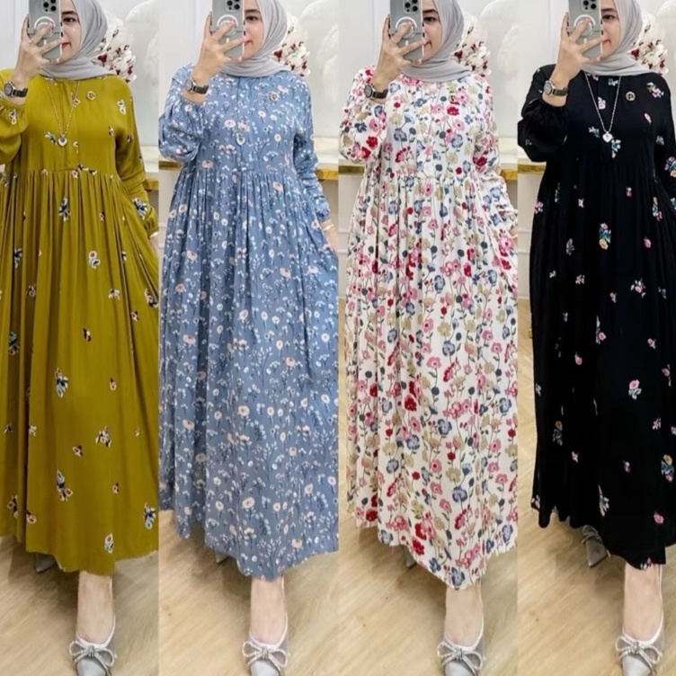KODE W54F Midi Dress Flower Busui Motif Bunga LD 11cm PB 125cm Bahan Rayon Premium Terlaris Gaun Mus