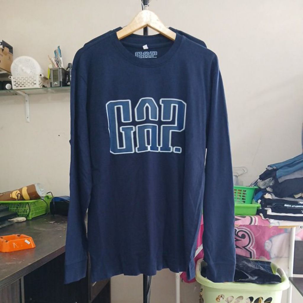 Kaos katun long sleeve GAP second Original warna navy pekat seperti baru kerah dan rip tangan  kenca