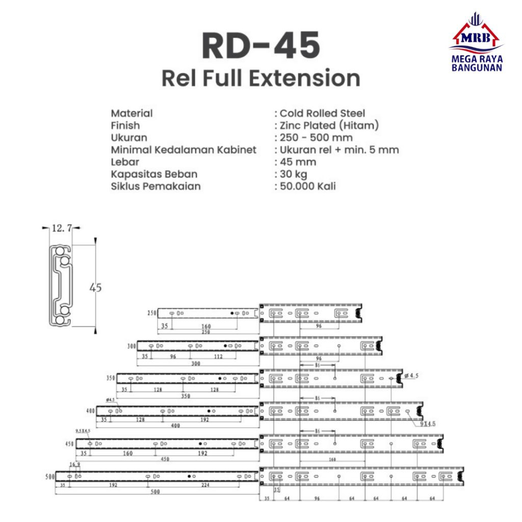 Rel Laci HUBEN RD-45 Full Extension 45mm - Hitam | Rel Laci Lurus Kuat 30kg 250mm-500mm Berkualitas