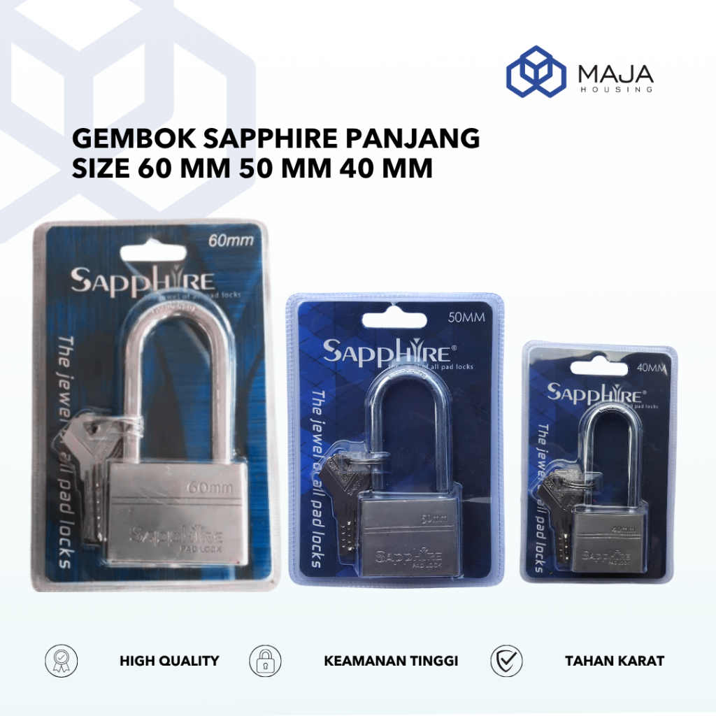 Sapphire Gembok Panjang 40 mm 50 mm 60 mm | Gembok Kuat 40 50 60mm  | Gembok Pagar Rumah Kuat Berkua