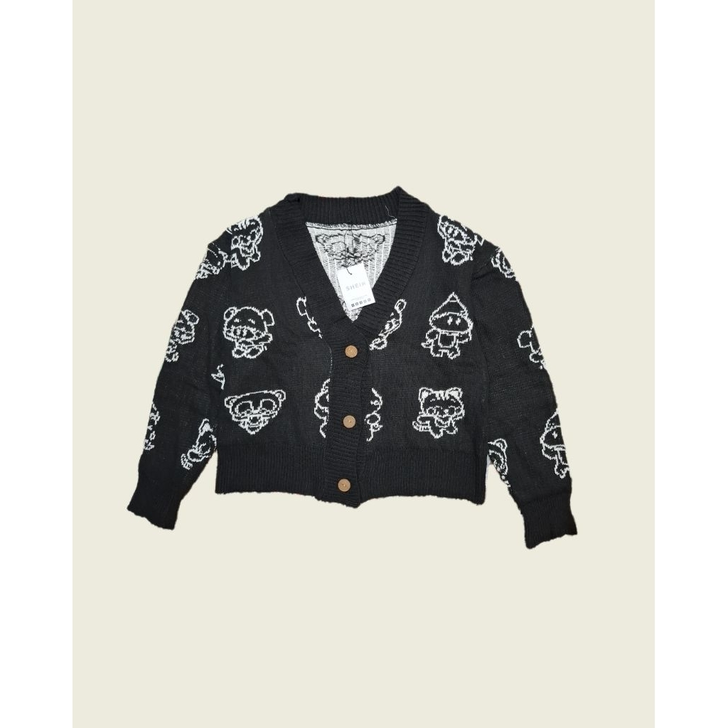 shein cardigan hitam motif