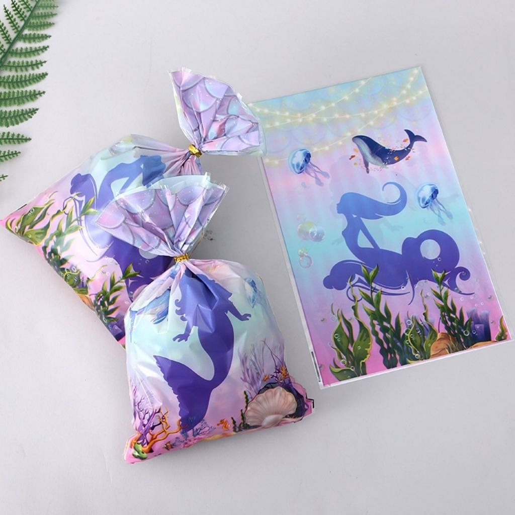 

10 Pcs Plastik (termasuk kawat) snack cookies nougat permen motif Mermaid/ Plastik totebag tenteng motif Mermaid plastik goodiebag ultah anak