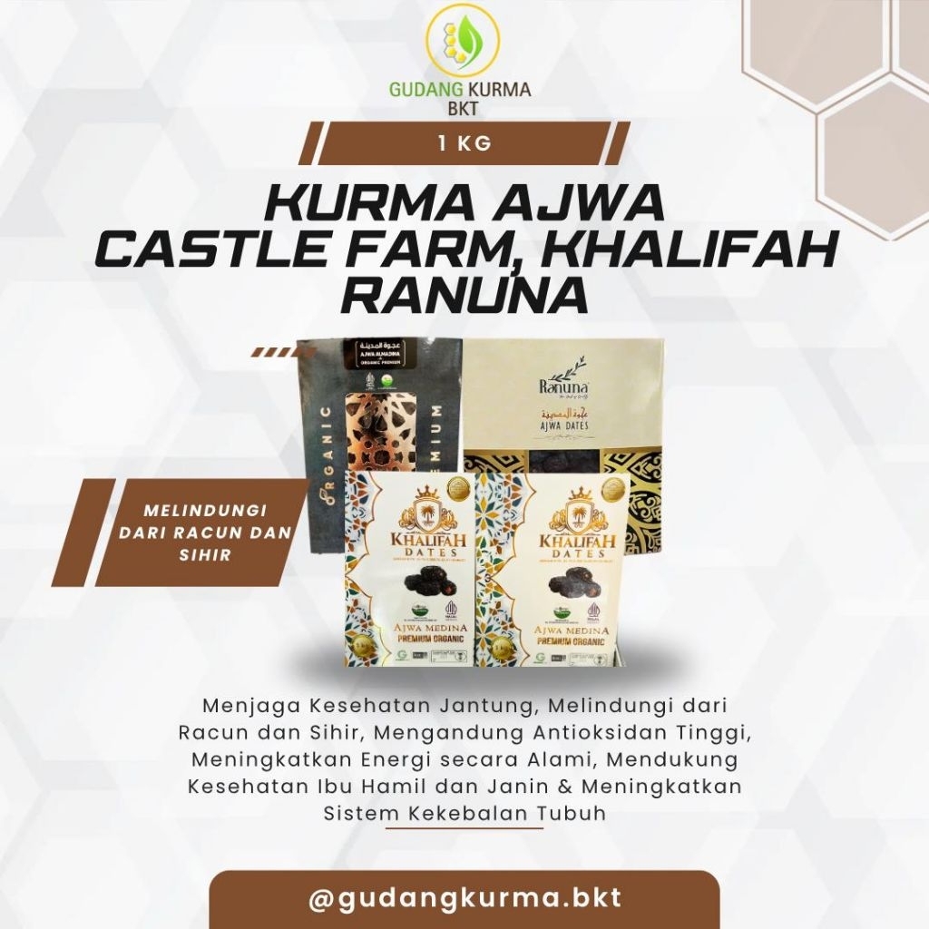 

Kurma Ajwa 1kg – Asli Original Organik Madinah Premium | Castle Farm, Ranuna, Khalifah