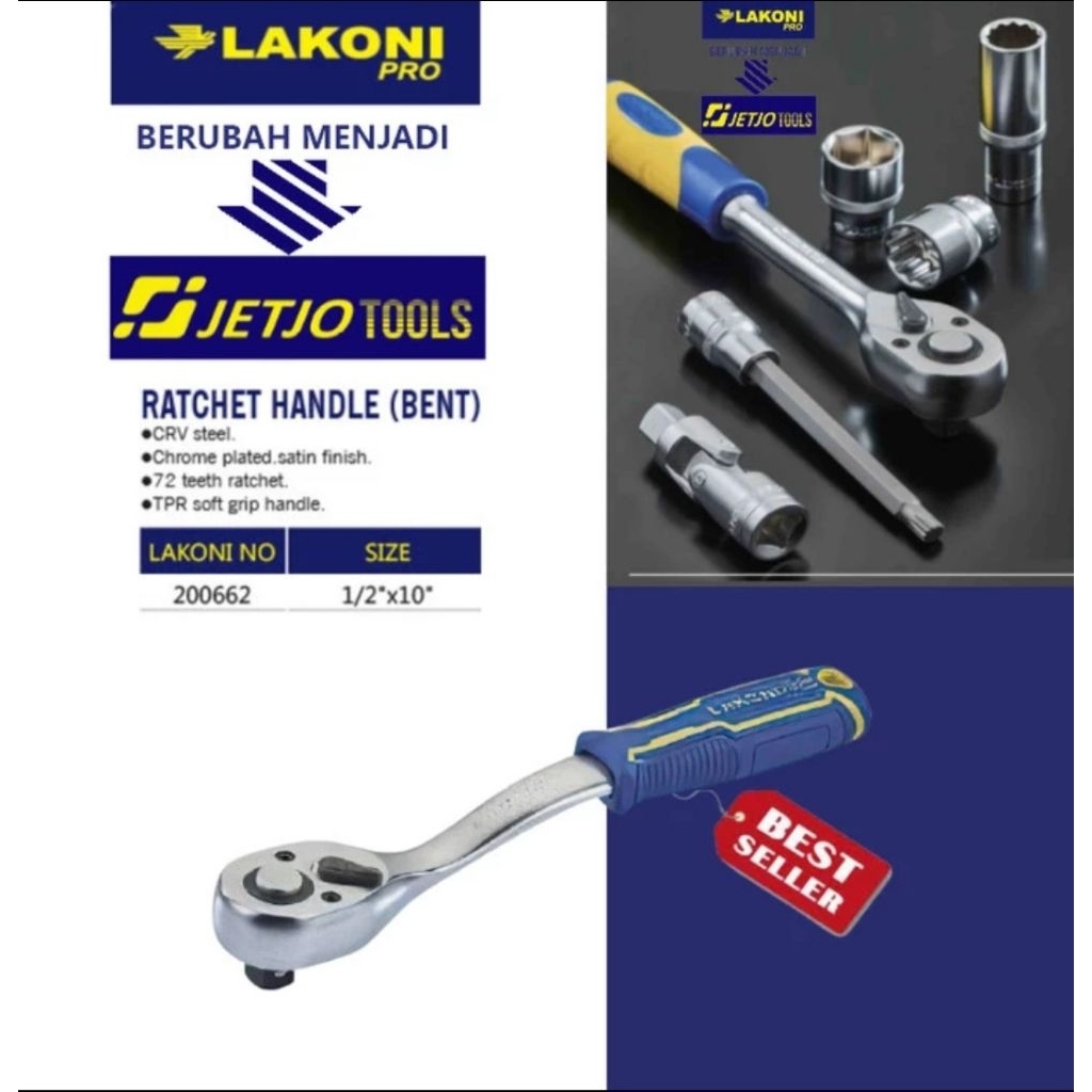 ORIGINAL JETJO LAKONI PRO 200662 RATCHET HANDLE BENT 1/2INCH X10" GAGANG HANDLE RATCHET1/2" KUNCI SH