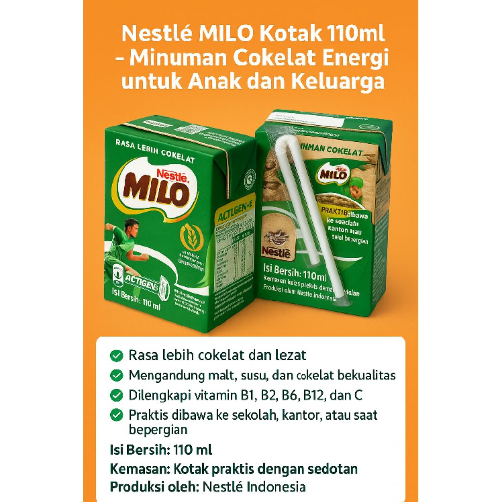 

Susu Milo kotak, Nestle Milo, Susu UHT Cokelat, Minuman Milo coklat energi 110 ml