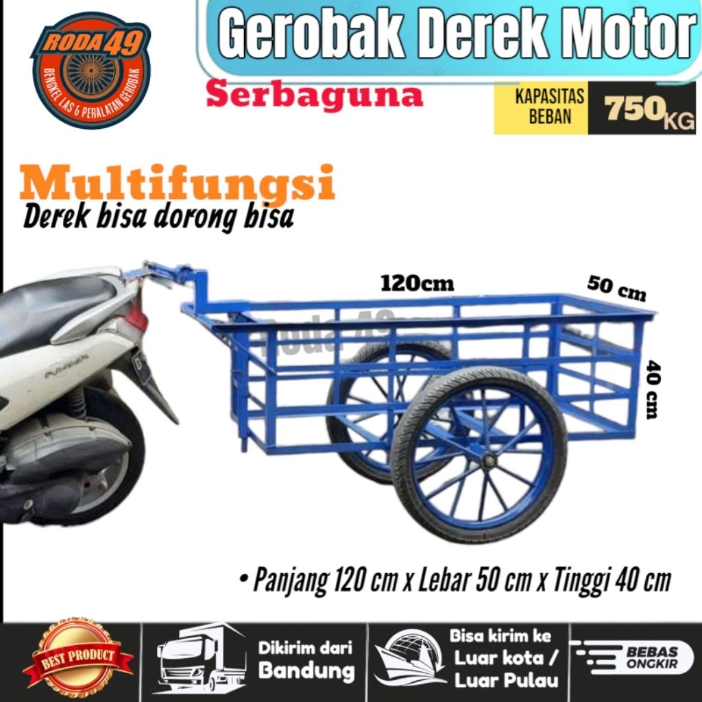 TOW CART / Gerobak Derek motor / Gerobak motor / kapasitas 750 kg / ukuran 120x50x40 cm
