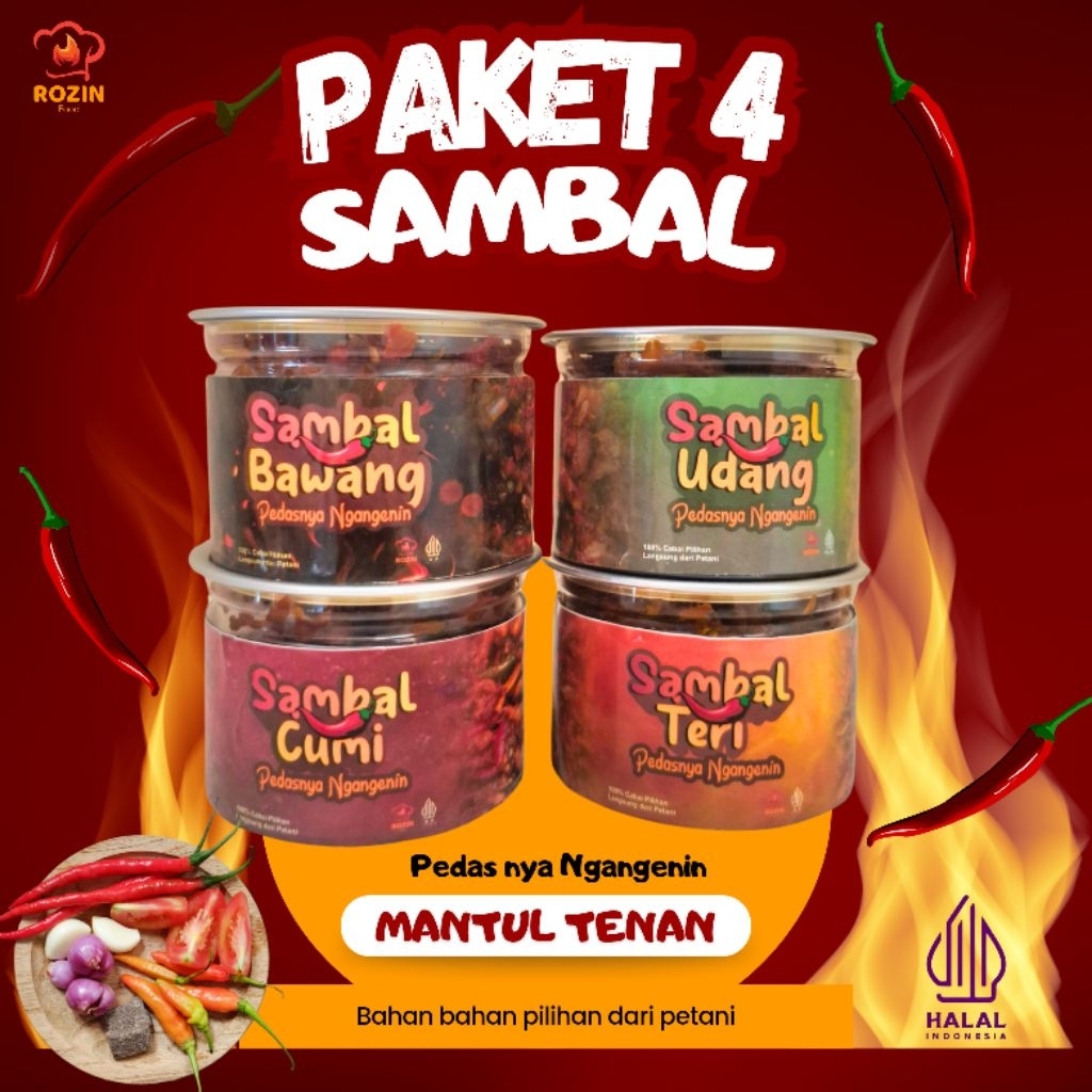 

Sambal Cumi Teri Udang Bawang, Paket 4 Varian, Sambal Pedas, Sambal termurah, Halal 150 gram
