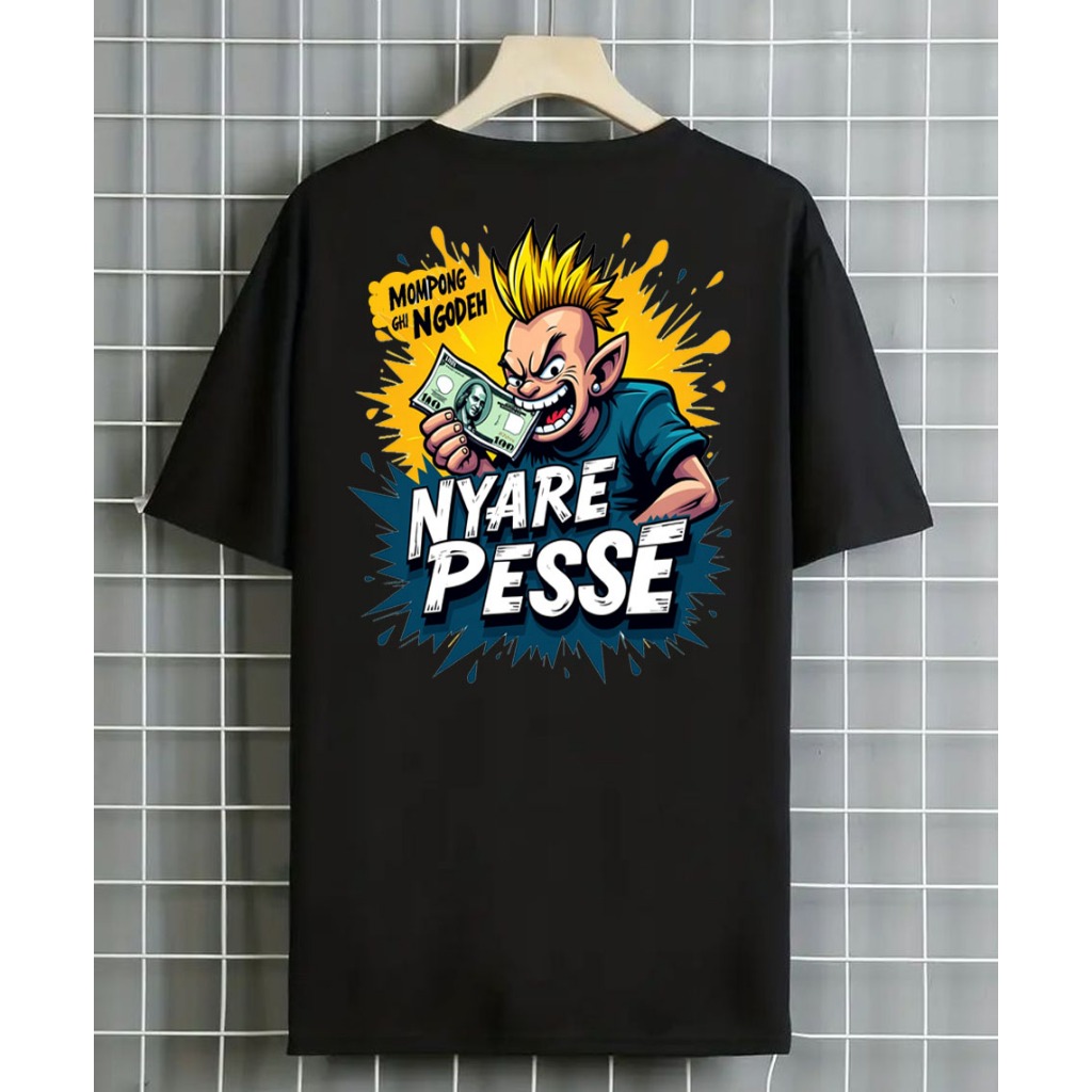 Kaos Madura Pria Distro KATA KATA NYARE PESSE Katun Combed 30s Lengan Pendek hitam