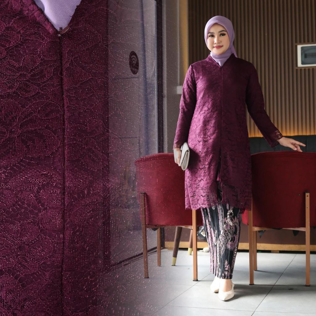 Setelan Kebaya Brokat Tunik Kerah V Resleting Depan Tunik Jumbo