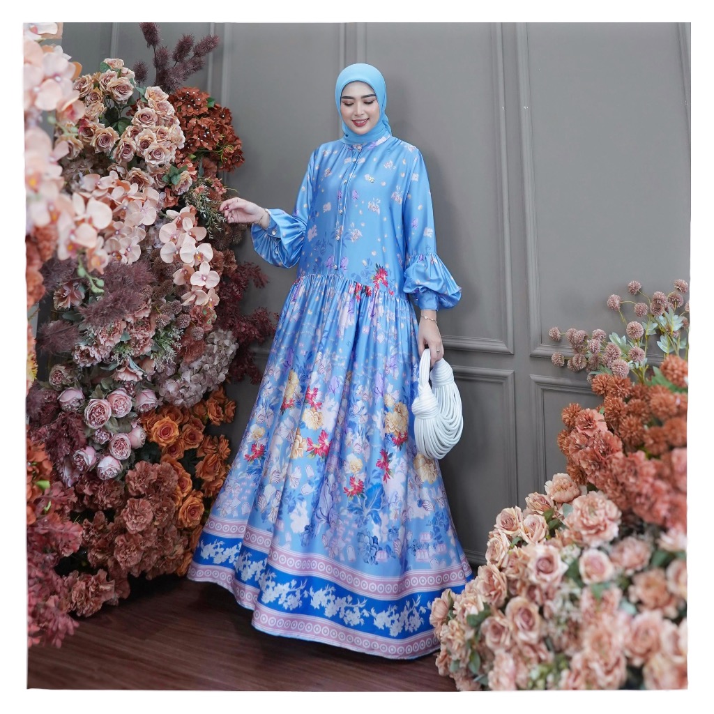 Dumma.id - Pakaian Wanita Rorra Set Hijab  Silk Roberta Printing Premium  Gamis Cantik