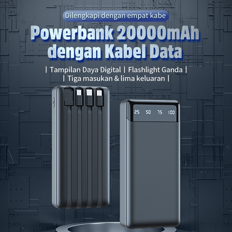 KIVEE Powerbank 20000 mah Fast Charging Mini LCD With Kabel Data lightning Type C Micro USB