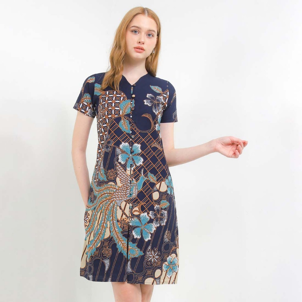 Rianty Batik Premium Wanita Dress Furing Navy Alerica Biru