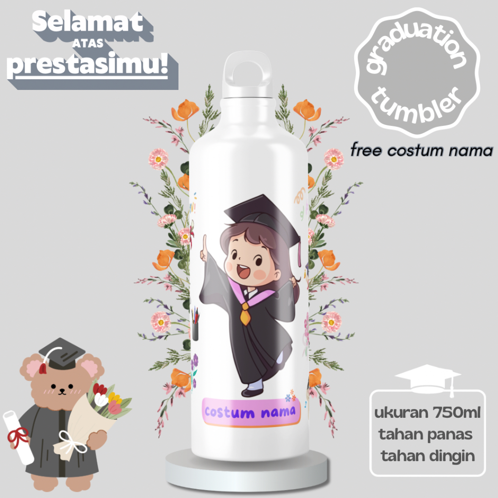 TUMBLER CUSTOM KELULUSAN GRADUATION KARAKTER CUSTOM NAMA 500ml & 750ml