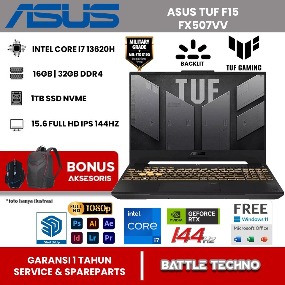 Laptop Terbaru Asus Tuf F15 FX507VV Intel Core I7 13620H Ram 32GB SSD 1TB  RTX4060-8GB 15,6 FHD IPS