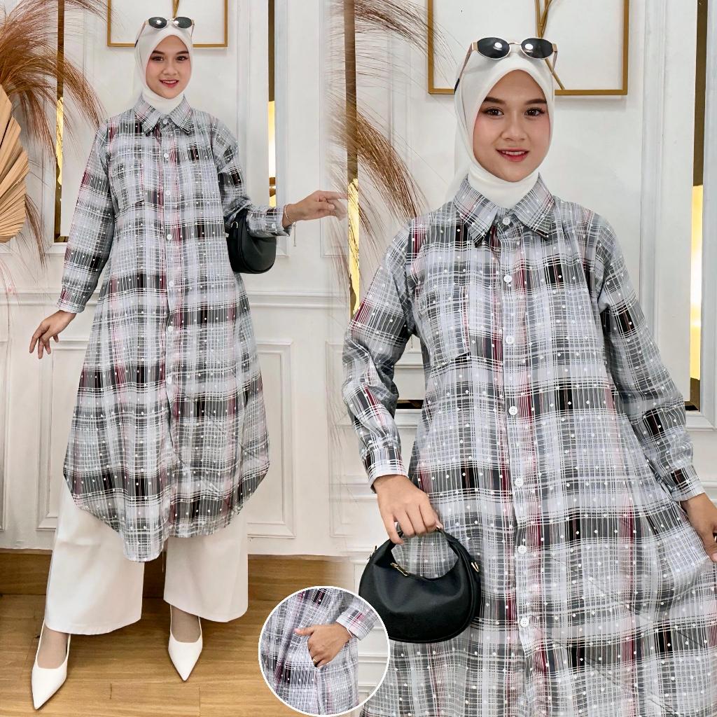 Ruma || Long Tunik Motif kotak triset | Baju atasan | Long tunik | Tunik atasan | Long Tunik Terbaru