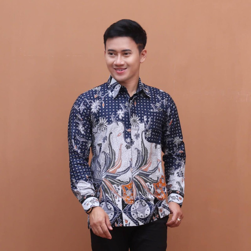 Batik Pria Lengan Panjang Baju Batik Pria Premium Anak Muda Mewah Kemeja Modern Biru Hitam Burgundy