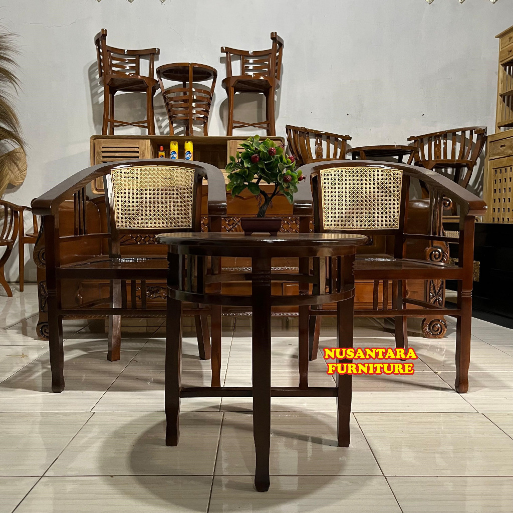 Set Kursi Teras Betawi Termurah Kayu Jati Kombinasi Rotan Sudah Warna, Kursi Teras Betawi Murah