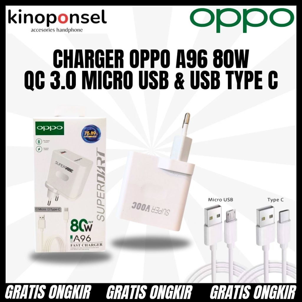 Charger Oppo A96 ORIGINAL FAST CHARGING SUPER VOOC 80W | Travel Charger Original Type C Fast Chargin