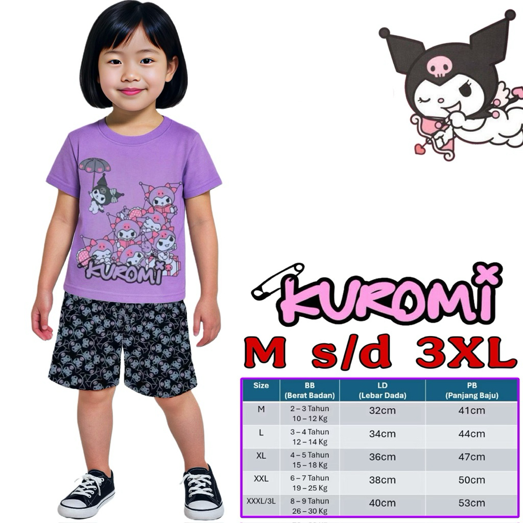 Setelan Anak Perempuan Motif Kuromi/ Baju Gambar Kuromi / Setelan Anak Cewek Gambar Kuromi/ Setelan 