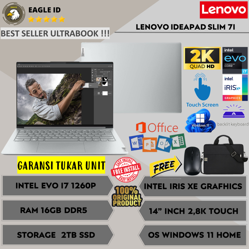 Laptop Lenovo Ideapad SLIM 7I 14 Touch INTEL EVO I7 1260p RAM 16GB DDR5 2TB SSD 2.8K Windows 11 Orig