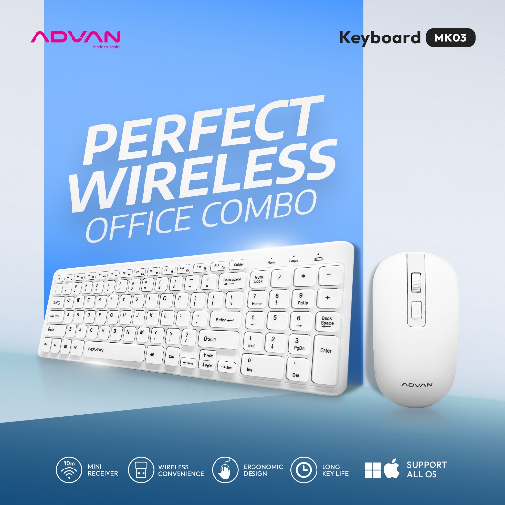 [Best Deals] ADVAN Mouse & Keyboard MK03 Wireless 2.4G Bluetooth Support Macintosh OS and Windows