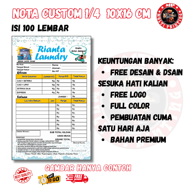 

nota custom 1/4 isi 100 gratis dsain ukuran 10x16 nota standar bon ful color kwitansi multi printing