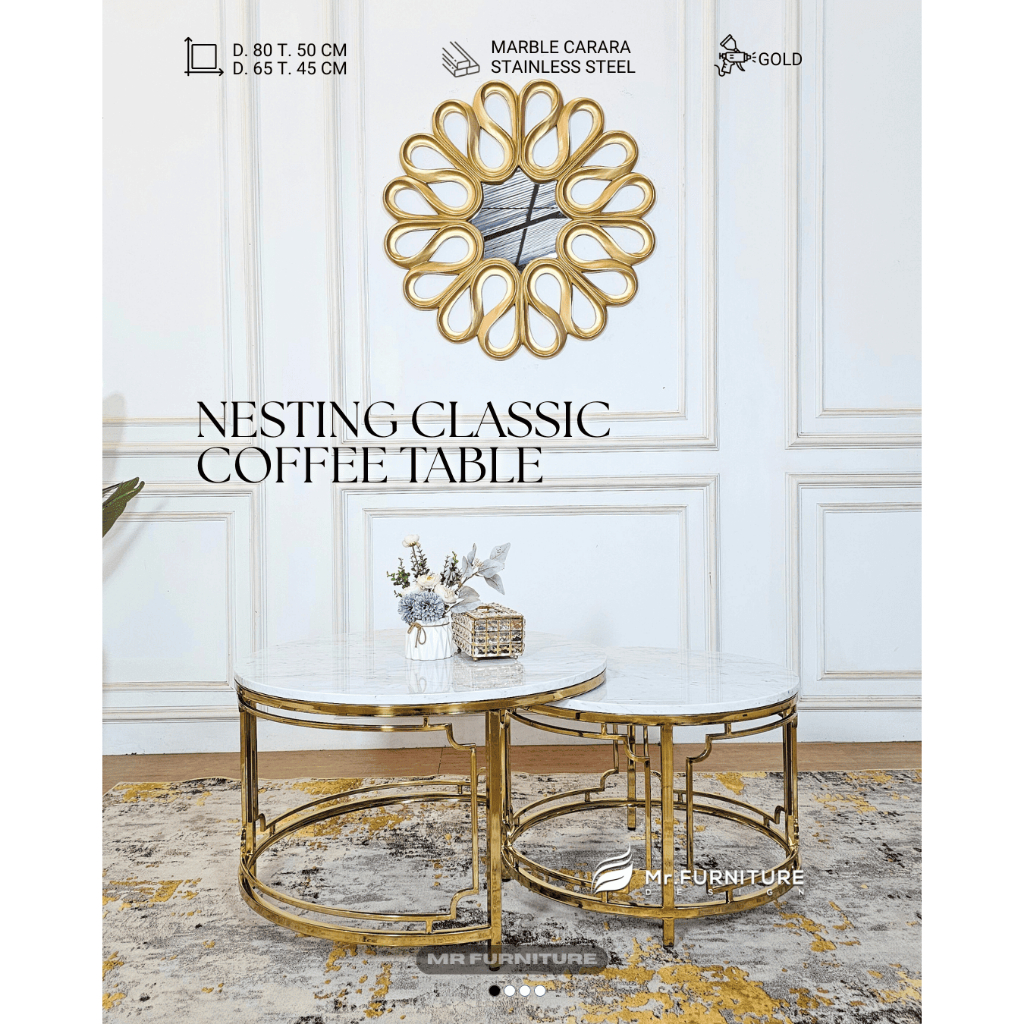meja tamu nesting bulat klasik stainless gold top marmer full carrara d 80 65 t 50 45 cm