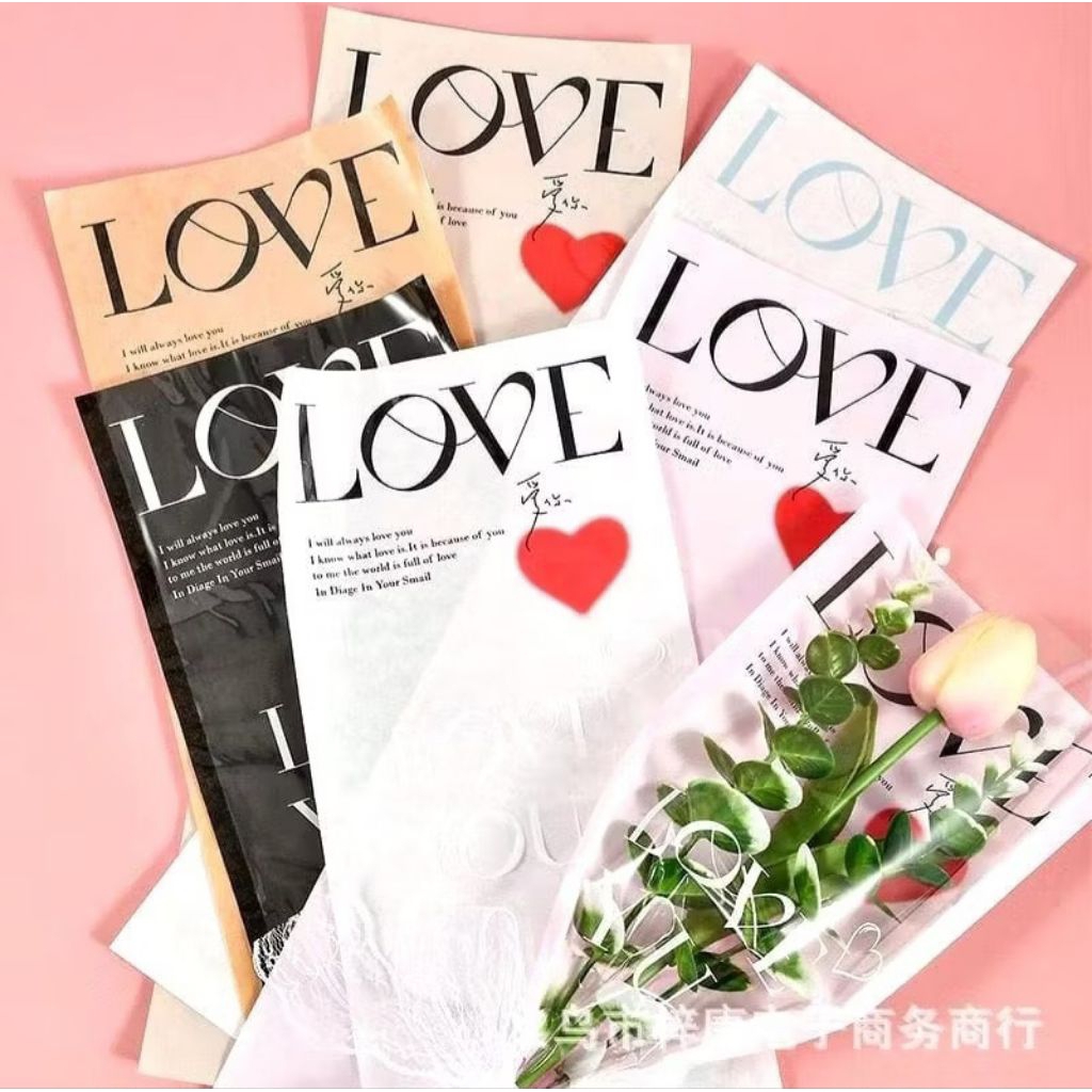 

[ECER 1 LEMBAR] PLASTIK SINGLE FLOWER TULISAN LOVE PRINTED KOREAN STYLE PLASTIK BUNGA TANGKAIAN SATUAN Plastik Single