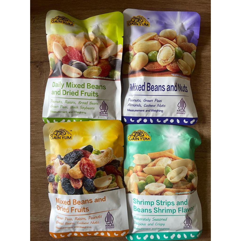 

gain yum mixed beans and nuts dried fruits shrimps strips 25g