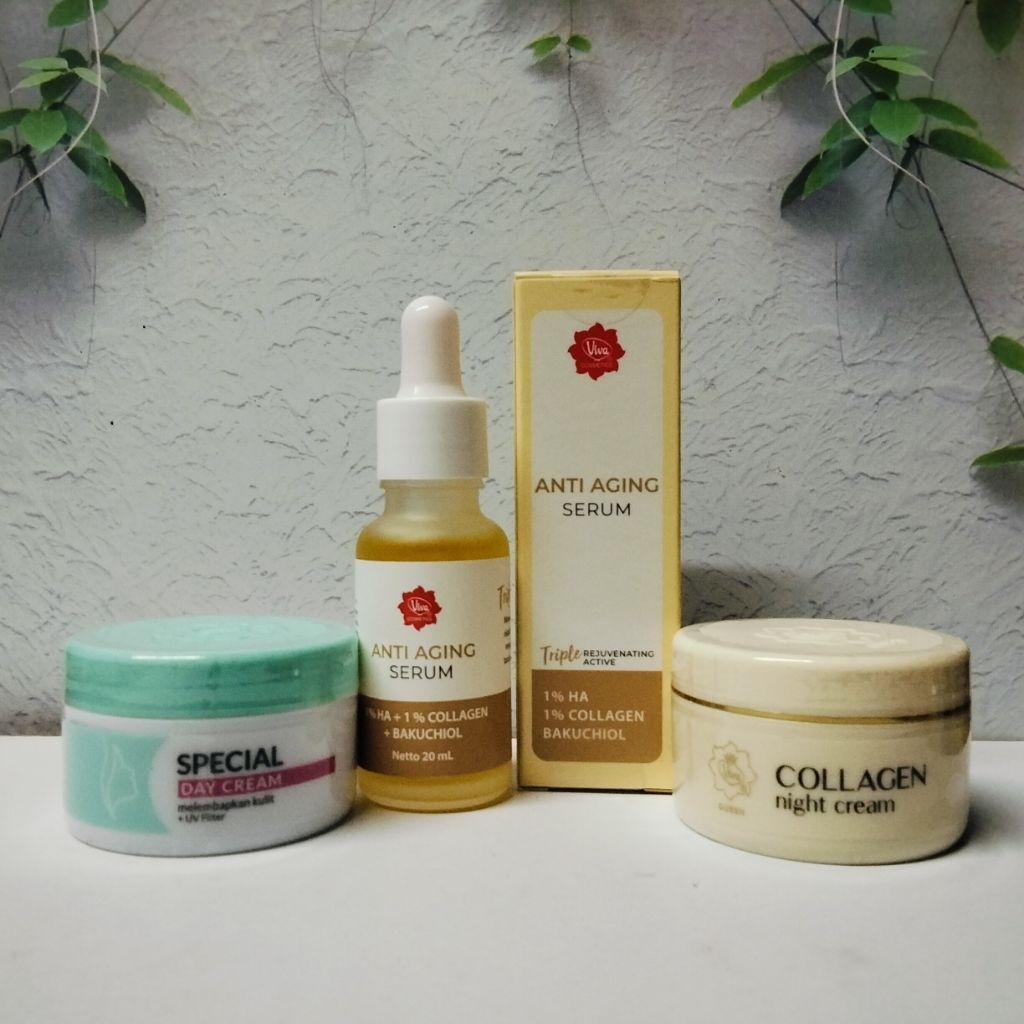 Paket Skincare Basic 3in1 Viva Cream Siang Dan Malam+Anti Aging Serum