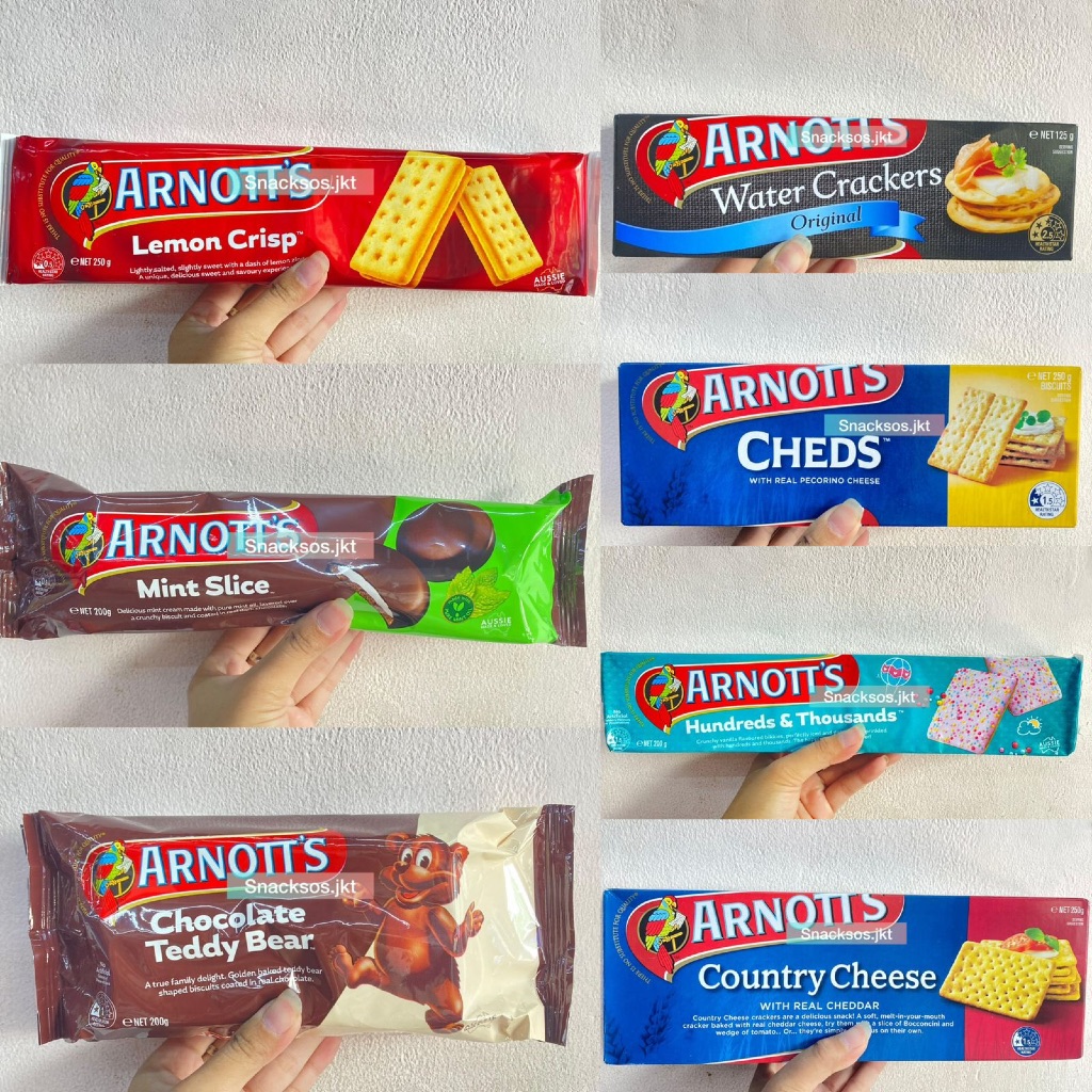 

ARNOTT’S TEDDY BEAR CHOCOLATE / MINT SLICE / WATER CRACKER ORIGINAL / COUNTRY CHEESE / LEMON CRISP / BISKUIT HUNDREDS & THOUSANDS / ARNOTT’S CHEDS - AUSTRALIA ARNOTTS