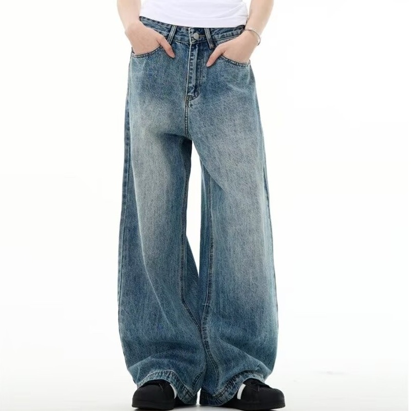 Celana Jeans Panjang Pria Korean Street Style Washed Blue Vintage Loose Fit Bahan Premium Casual