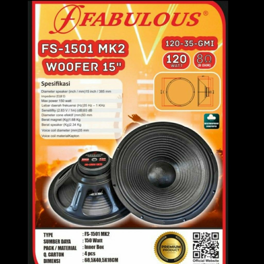 Fabuloussound Komponen Speaker 15" Inch Subwoofer 150 Watt FS-1501 MK2