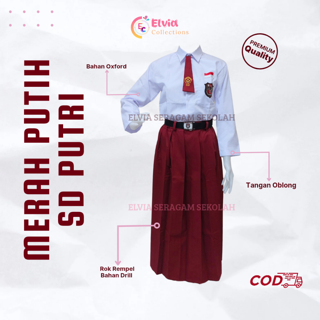 Seragam Sekolah Merah Putih SD MI Putri Panjang  Baju Putih Perempuan Rok Merah Rempel Cewek