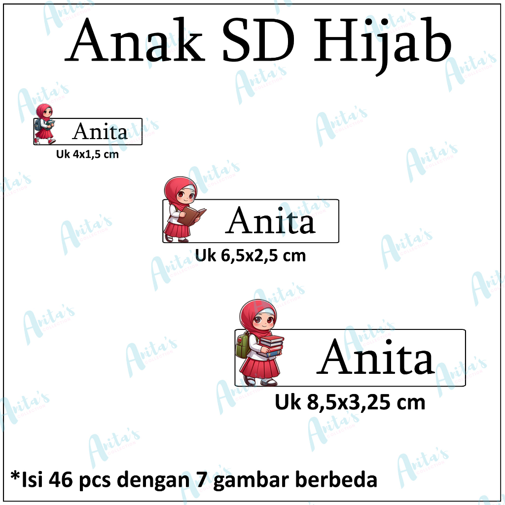 

46pcs STIKER LABEL NAMA PULPEN / PENSIL dll tema SD HIJAB | SIZE S, M, L (MIX) | CUSTOM NAMA