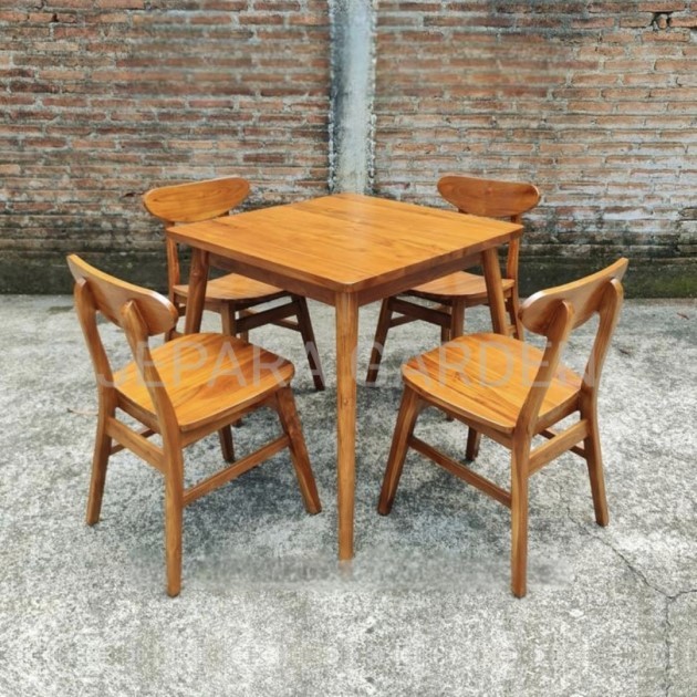 SET MEJA MAKAN 80x80 cm 4 Kursi Cafe Kayu Jati Minimalis Ropan Murah