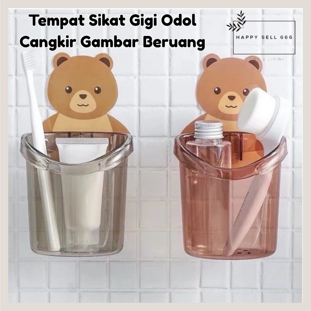 HPSELL Tempat Sikat Gigi Odol Cangkir Gambar Beruang Tempel Dinding Rak Kamar Mandi