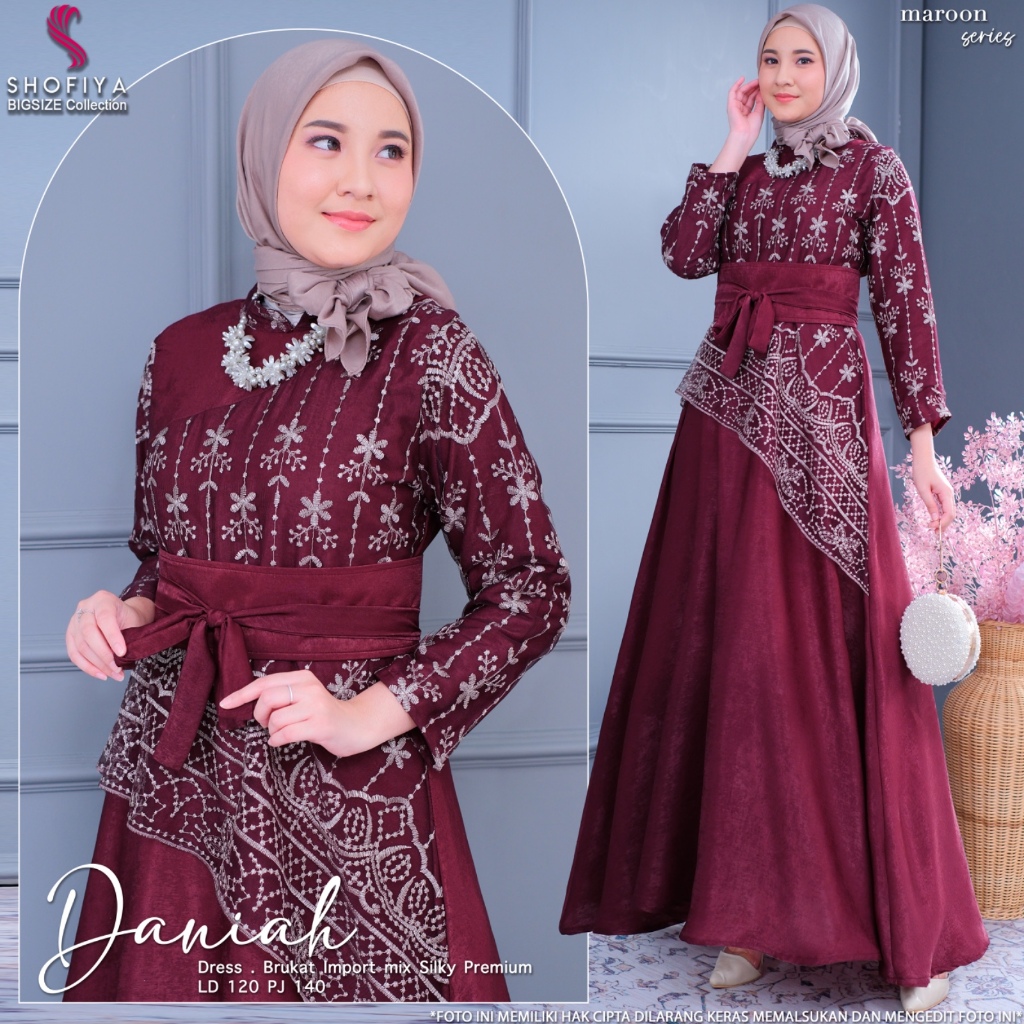 Daniah baju dress gamis pesta kondangan wanita muslim jumbo ld 120 brokat tile mewah elegan terbaru