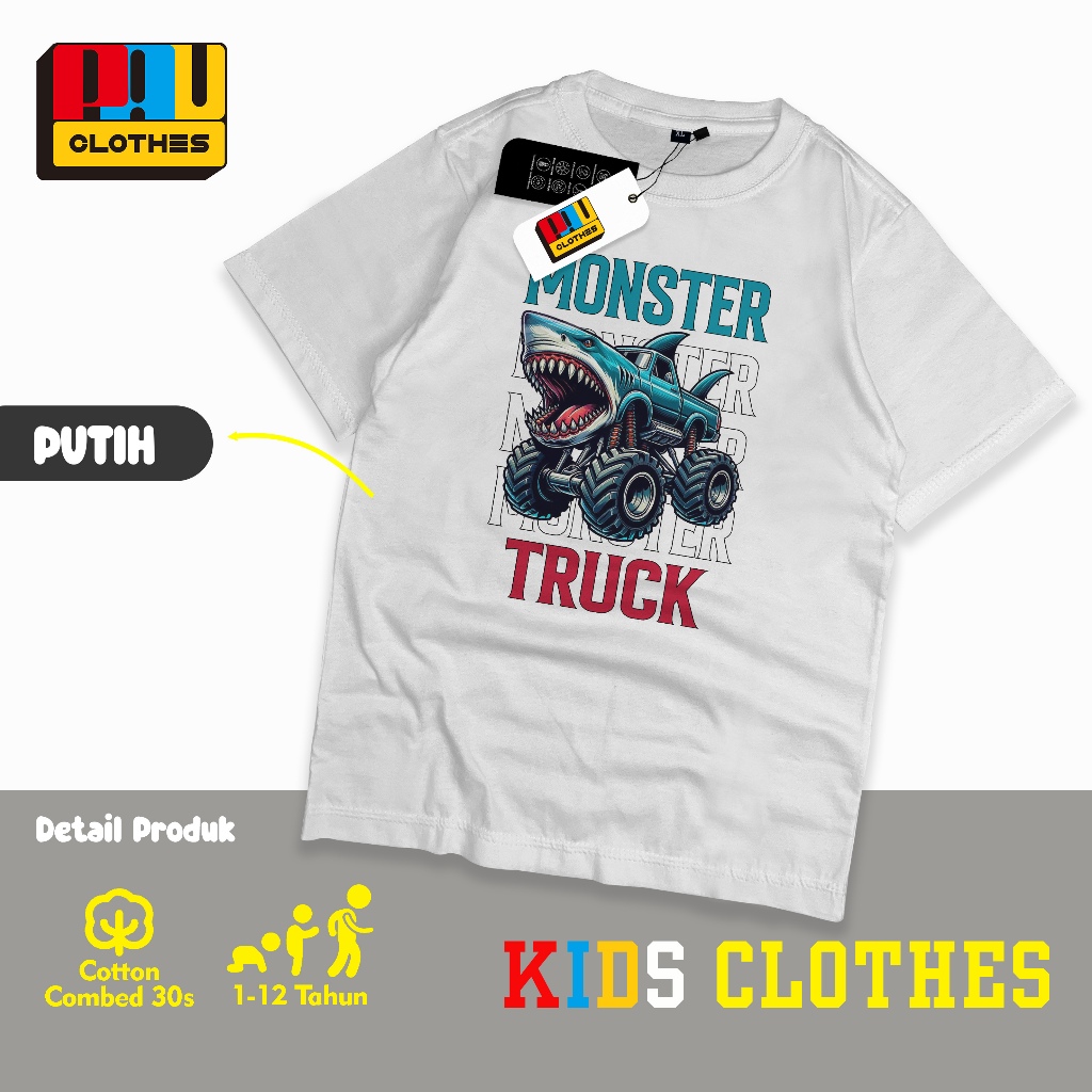 Pau Clothes Baju Kaos Anak Distro Laki-laki Dan Perempuan Cotton Combed 30s Baju Monster Truck