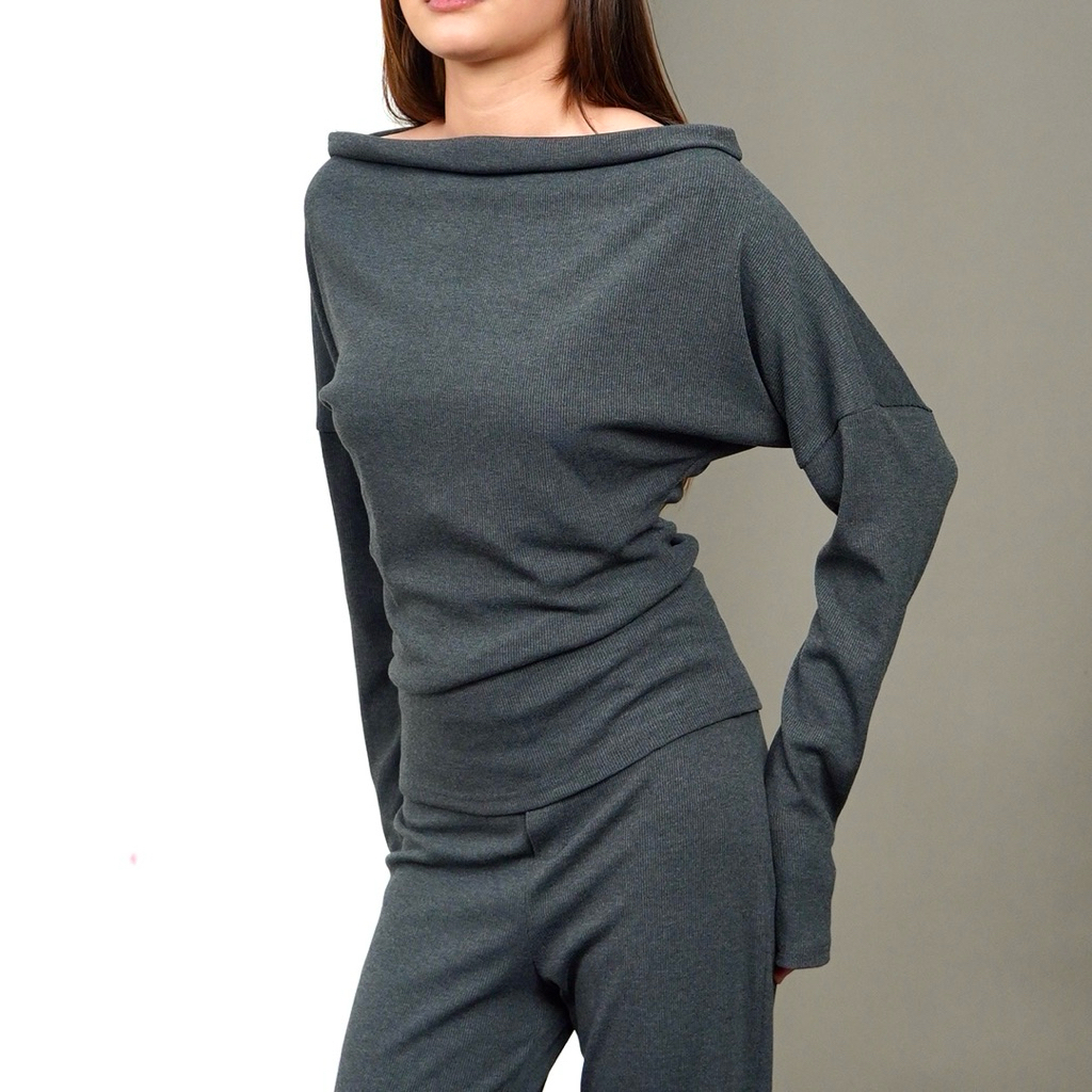 PACA TOP - Atasan Knit Wanita Lengan Panjang Ruched Sabrina Collar Basic Top Boat Neck Long Sleeves 