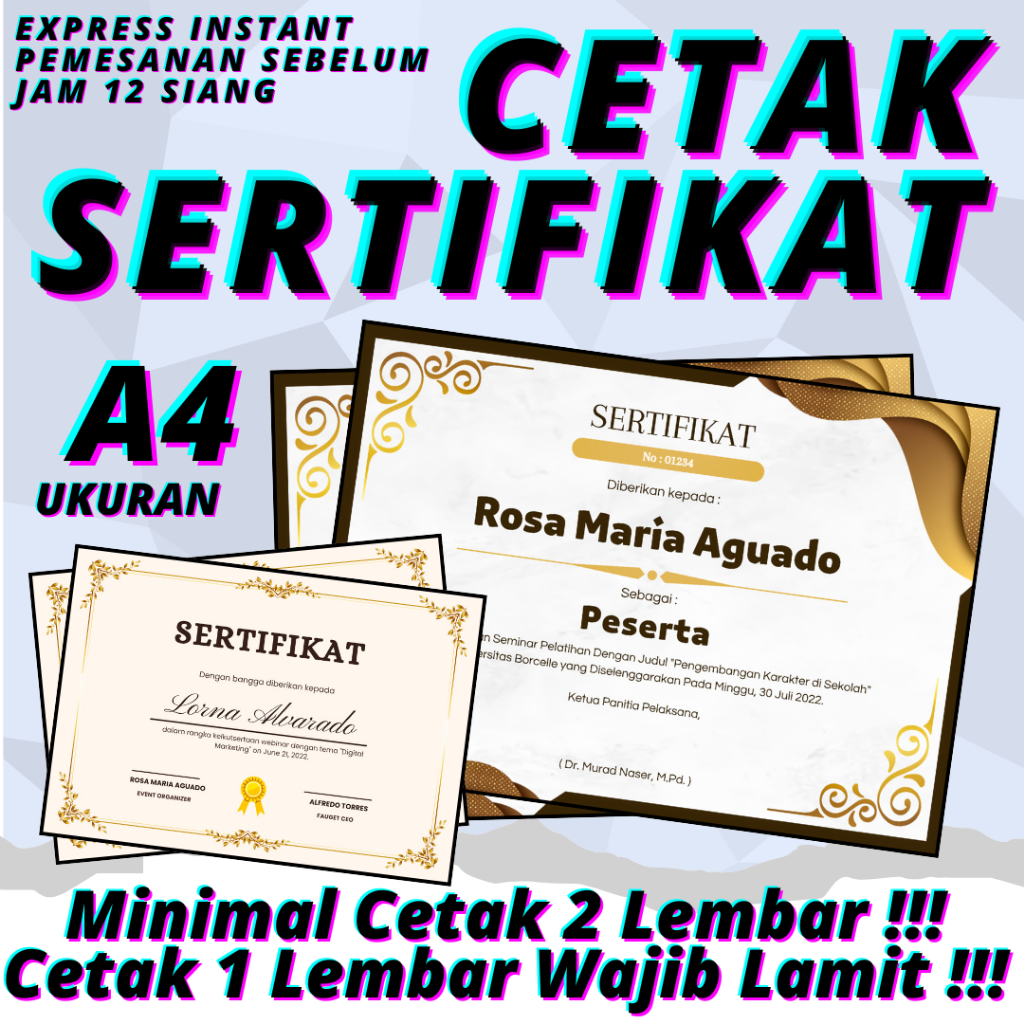 

Cetak Sertifikat A4 Tebal Murah Mewah & Bahan PremiumCetak Piagam, Sertifikat penghargaan, lomba , acara ,sekolah ,webinar dan sebagainyaCetak Sertifikat Penghargaan Piagam A4 Print Sertifikat Custom Design